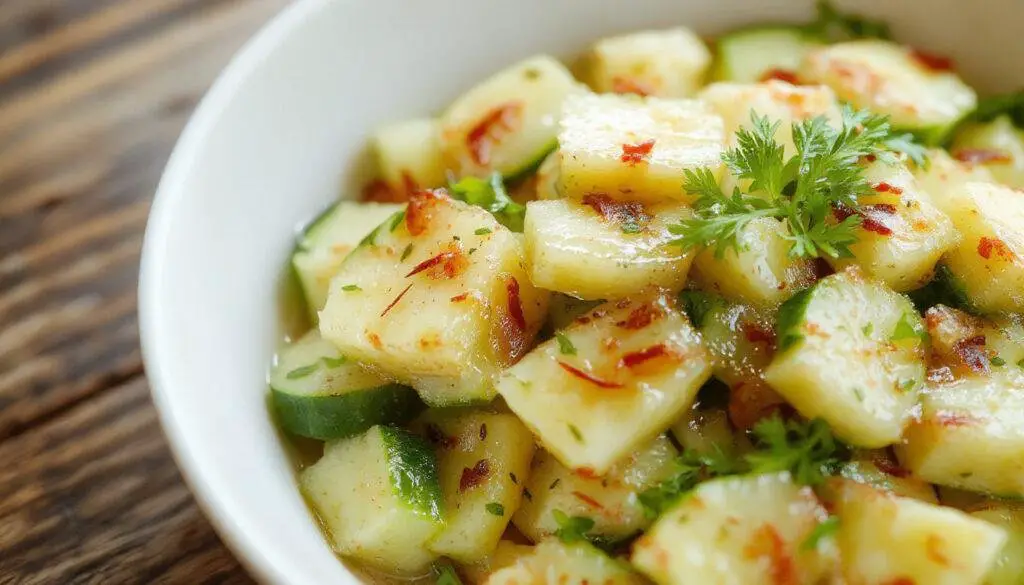 A vibrant bowl of pineapple cucumber salad featuring bright yellow pineapple chunks, crisp green cucumber slices, garnished with fresh mint leaves, all arranged in a clear glass bowl on a rustic wooden surface. The salad has a glossy, juicy appearance with visible pieces of fruit and vegetable textures, contrasting in color and form.