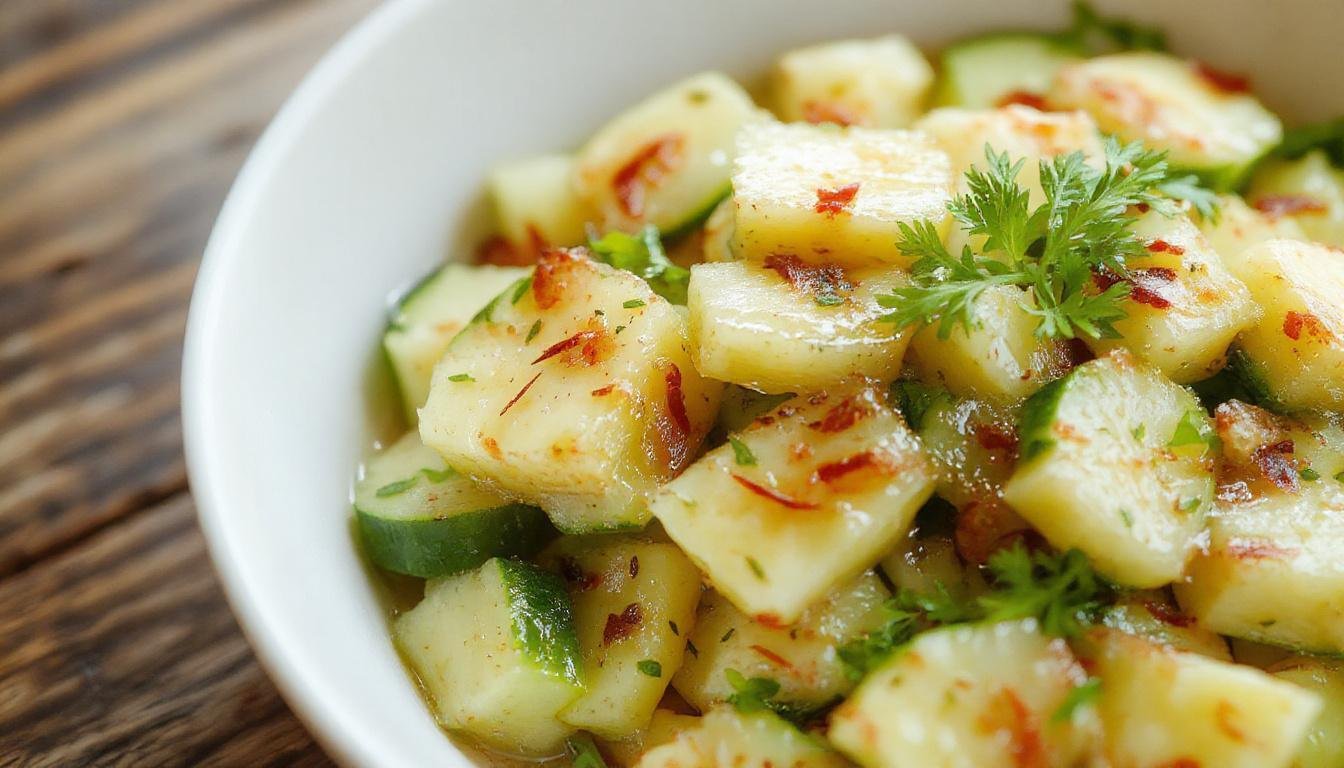 A vibrant bowl of pineapple cucumber salad featuring bright yellow pineapple chunks, crisp green cucumber slices, garnished with fresh mint leaves, all arranged in a clear glass bowl on a rustic wooden surface. The salad has a glossy, juicy appearance with visible pieces of fruit and vegetable textures, contrasting in color and form.