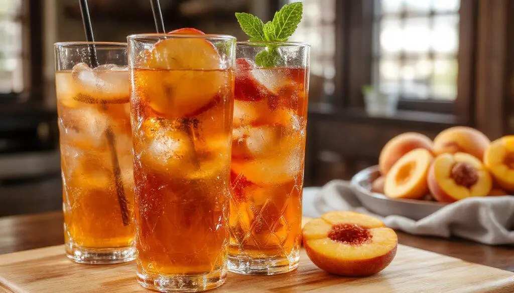 A clear glass pitcher filled with vibrant peach-colored tea, garnished with fresh peach slices and mint leaves, placed on a rustic wooden table. The tea has a slight translucence, showcasing chunks of peach and ice cubes inside, with condensation on the glass adding a refreshing appeal.