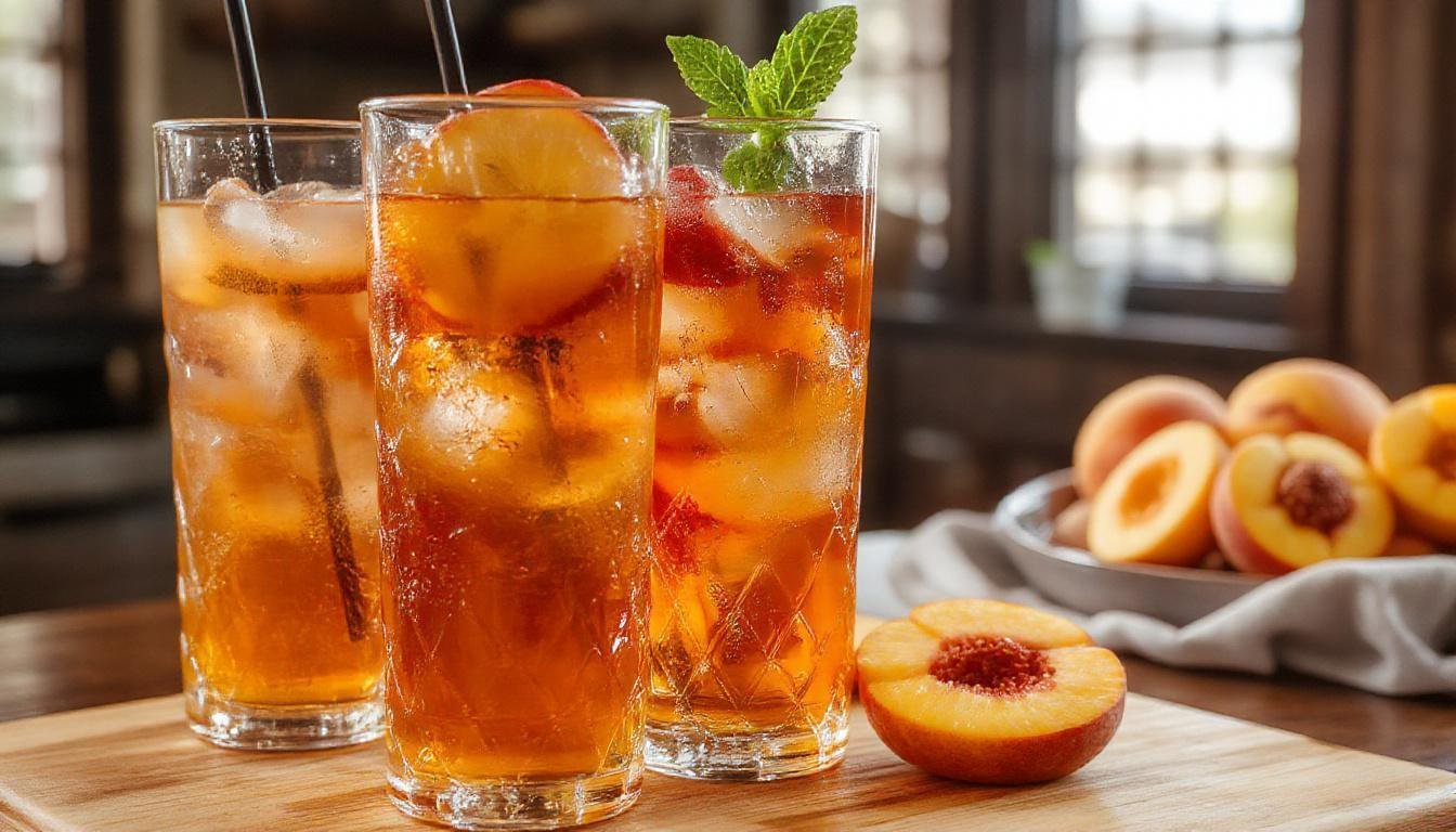 A clear glass pitcher filled with vibrant peach-colored tea, garnished with fresh peach slices and mint leaves, placed on a rustic wooden table. The tea has a slight translucence, showcasing chunks of peach and ice cubes inside, with condensation on the glass adding a refreshing appeal.