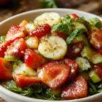 A vibrant bowl of strawberry cucumber salad featuring sliced ripe strawberries and crisp cucumber rounds, topped with fresh mint leaves and drizzled with a glossy honey-lime vinaigrette. The salad is presented in a clear glass bowl, highlighting the colorful ingredients and the inviting, fresh appeal.