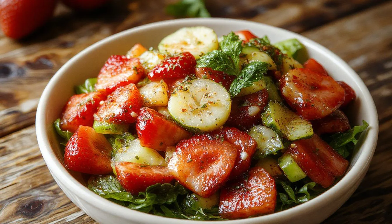 A vibrant bowl of strawberry cucumber salad featuring sliced ripe strawberries and crisp cucumber rounds, topped with fresh mint leaves and drizzled with a glossy honey-lime vinaigrette. The salad is presented in a clear glass bowl, highlighting the colorful ingredients and the inviting, fresh appeal.