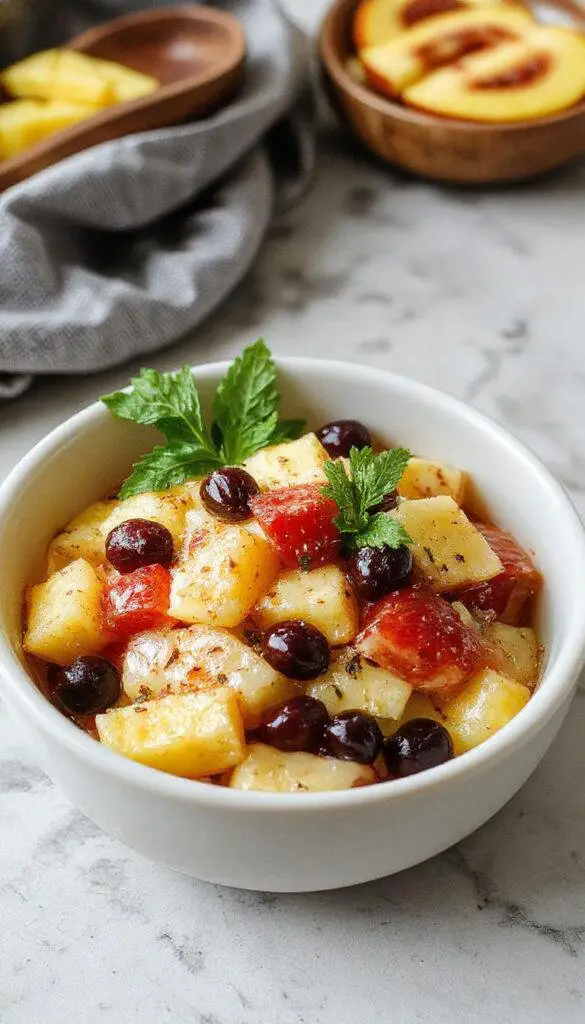 A vibrant summer fruit salad featuring colorful slices of watermelon, kiwi, strawberries, blueberries, and orange segments arranged in a clear glass bowl, garnished with fresh mint leaves, with a bright and inviting background.