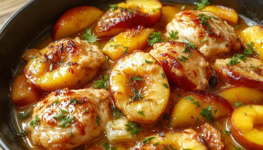 A vibrant skillet filled with golden-brown chicken pieces topped with slices of ripe peaches and fresh herbs. The dish is beautifully plated with colorful peach slices and garnished with basil leaves, showcasing a summery and inviting presentation.