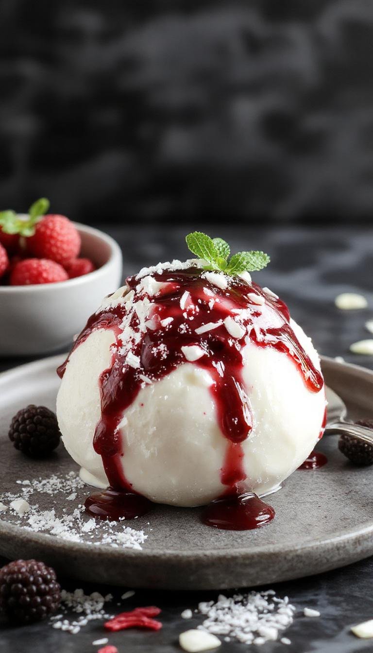 A vibrant bowl featuring a creamy yogurt bomb topped with fresh mixed berries and drizzled berry sauce, perfect for summer dessert.