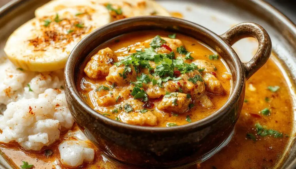 A bowl of rich and creamy butter chicken garnished with fresh coriander leaves, vibrant orange-red sauce coating tender chicken pieces, served on a white plate with a side of basmati rice and sliced naan bread, highlighting a glossy, flavorful appearance.