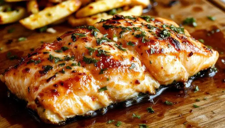 A perfectly grilled salmon fillet with a crispy, golden-brown exterior and tender pink flesh, garnished with fresh herbs and served on a sleek white plate with lemon wedges and grilled vegetables in the background. The fish has grill marks and a glistening glaze, highlighting its juicy texture and vibrant color.