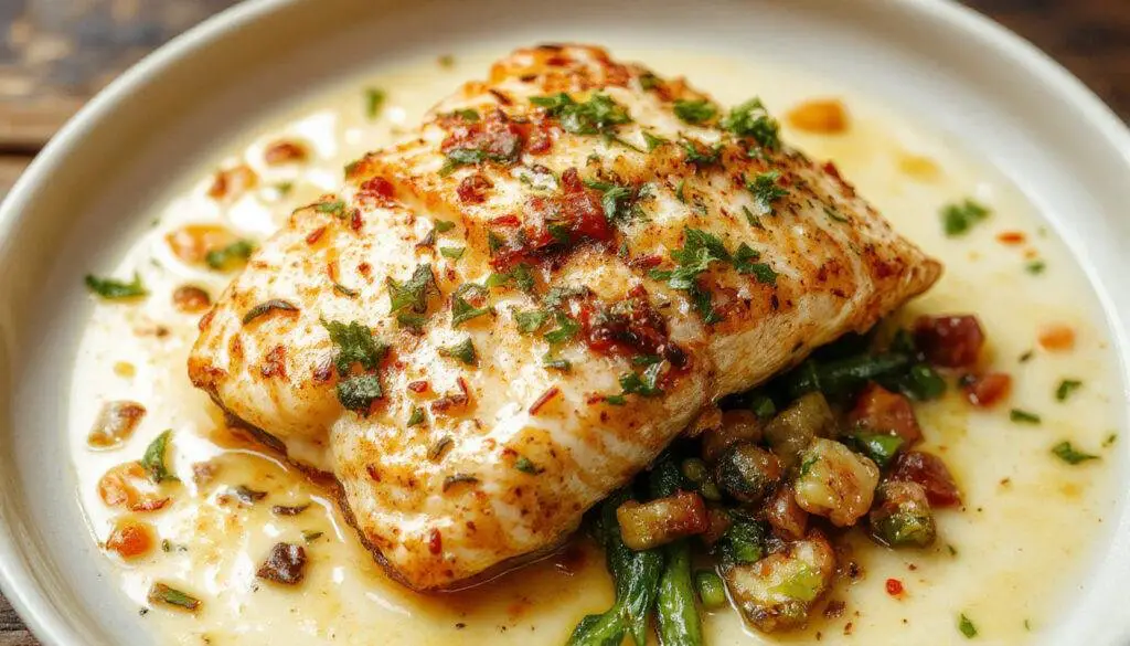 A beautifully plated creamy Tuscan salmon fillet with a golden-brown, crispy skin sitting in a rich, light-colored creamy sauce. Garnished with fresh basil leaves and sun-dried tomatoes, the dish is presented on a stylish white plate with a rustic wooden table background. The salmon's pink flesh contrasts with the dark, flavorful sauce, creating an appetizing and elegant appearance.