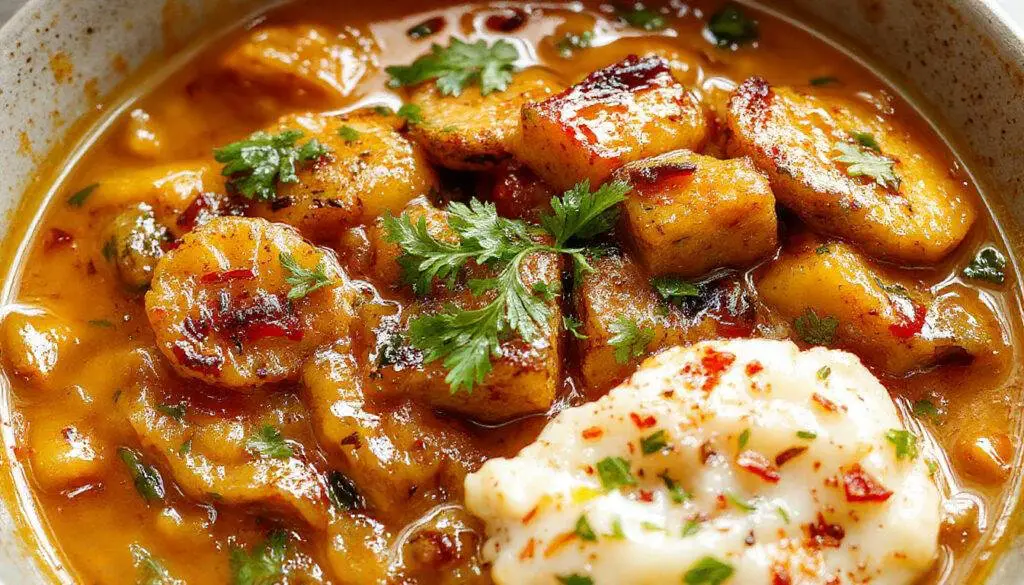 A vibrant plate of Caribbean-style plantain curry showing golden-brown plantains alongside rich, spiced curry sauce, garnished with fresh herbs on a rustic wooden table.