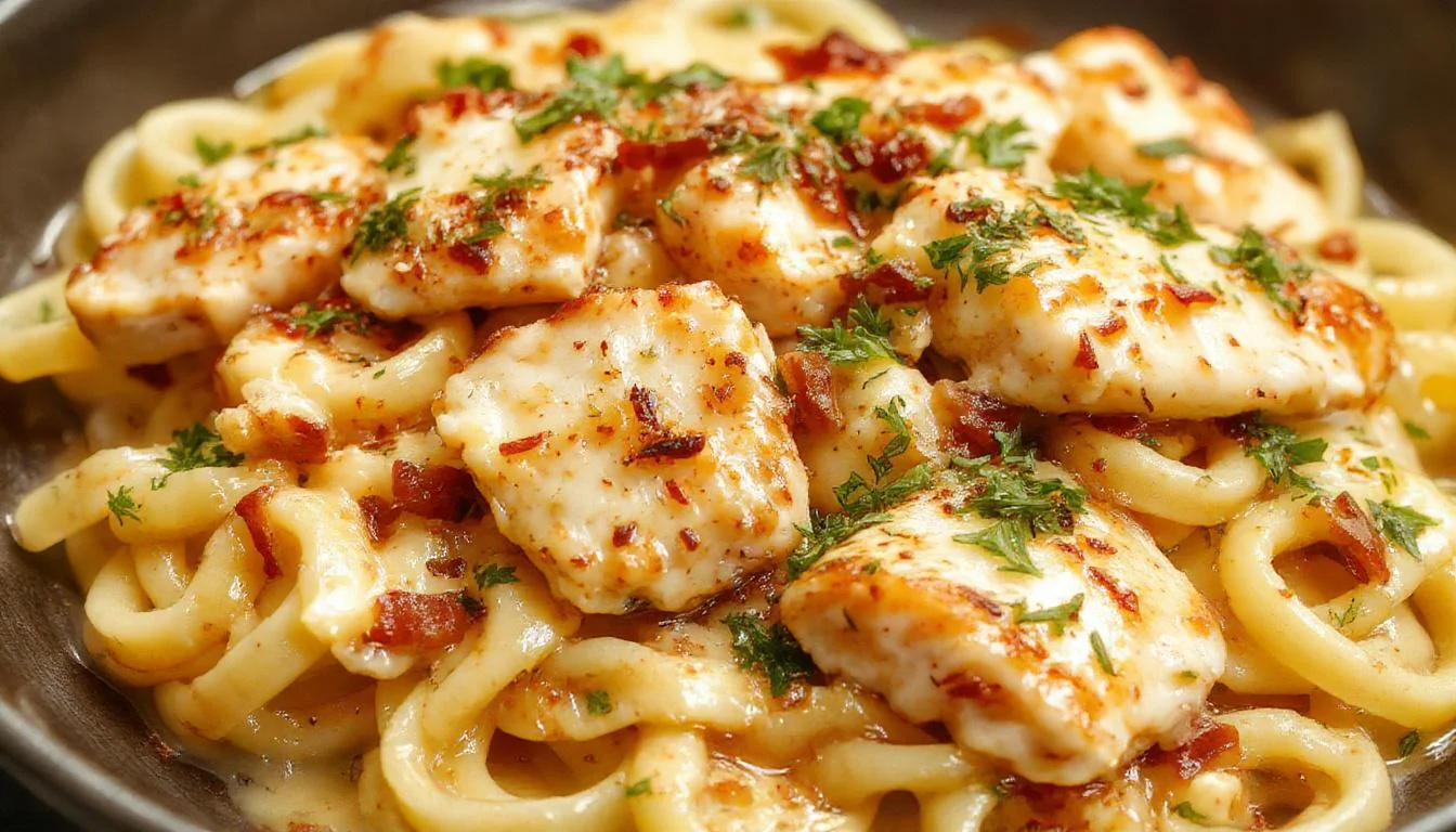 A close-up of a plate of Garlic Butter Chicken Rotini featuring spiraled pasta coated in a rich, creamy Parmesan sauce, topped with golden-brown chicken pieces and sprinkled with fresh herbs. The dish is garnished with grated Parmesan, creating a visually appealing contrast between the creamy sauce and the crispy chicken on a elegant plate.