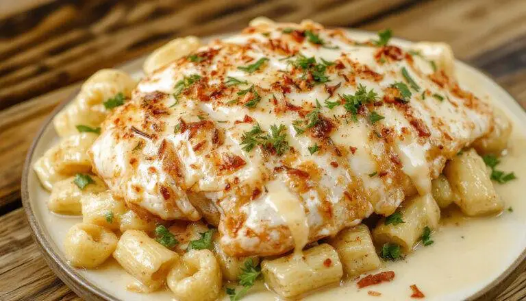 A close-up of a creamy garlic butter chicken served over spiral rotini pasta, coated in a rich parmesan sauce. The dish is garnished with fresh parsley and a sprinkle of grated parmesan, with a golden-brown crust on the chicken and a glossy, velvety sauce enveloping the pasta.