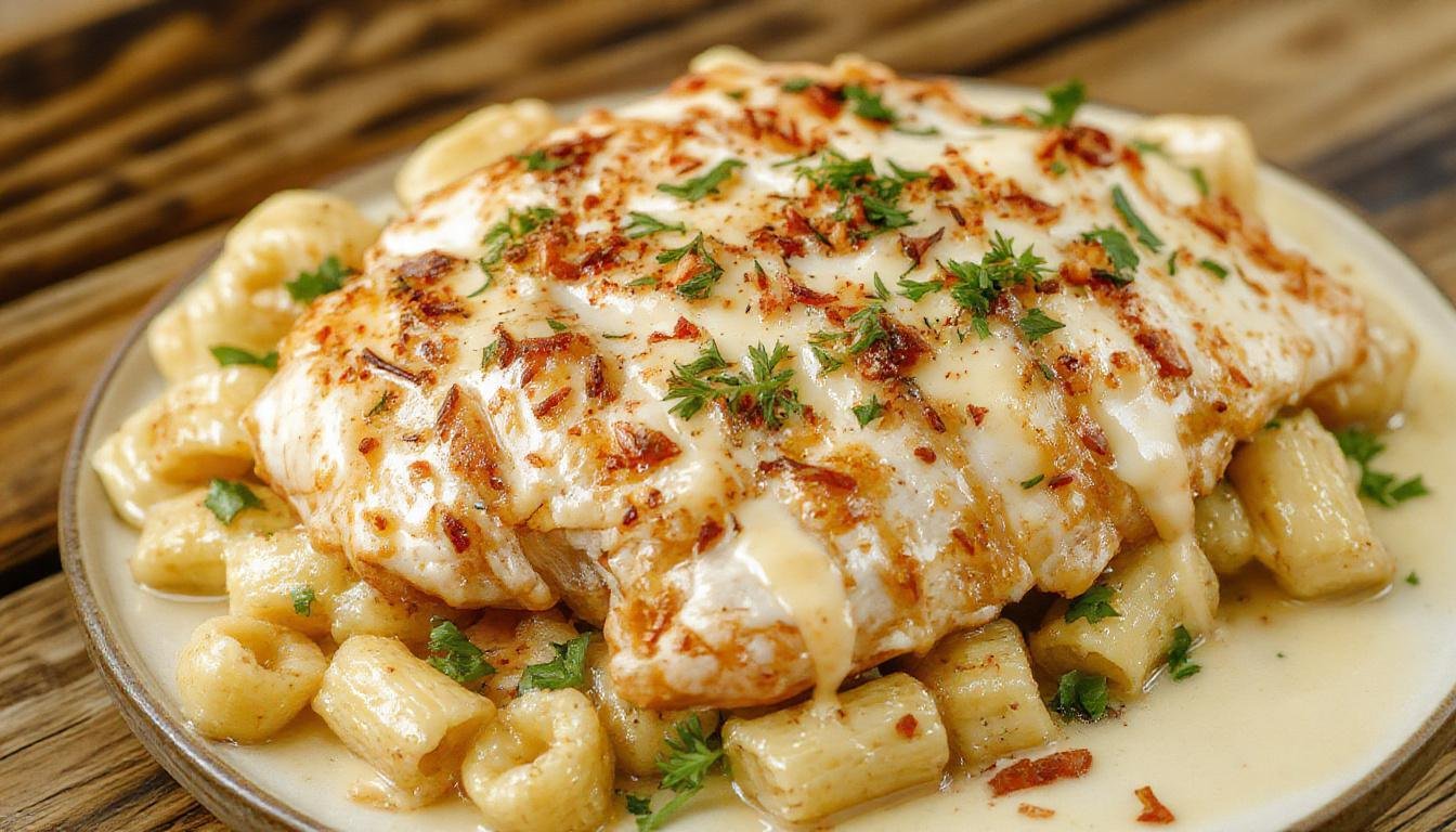 A close-up of a creamy garlic butter chicken served over spiral rotini pasta, coated in a rich parmesan sauce. The dish is garnished with fresh parsley and a sprinkle of grated parmesan, with a golden-brown crust on the chicken and a glossy, velvety sauce enveloping the pasta.
