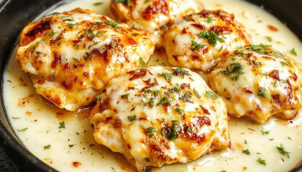 A close-up of a plates of creamy garlic chicken pasta topped with a generous sprinkle of grated parmesan cheese and chopped parsley. The pasta is twisted and coated in a rich, white sauce with tender chicken pieces, served on a elegant white plate against a rustic wooden table setting.