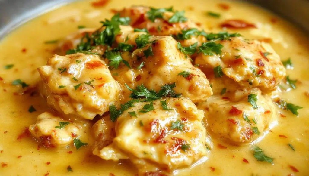 A close-up of a vibrant plate of rich and creamy butter chicken, featuring tender, sauced chicken pieces garnished with fresh herbs, served on a white porcelain plate with a side of fragrant basmati rice and a sprinkle of cilantro, creating an inviting and appetizing visual with warm, golden hues.