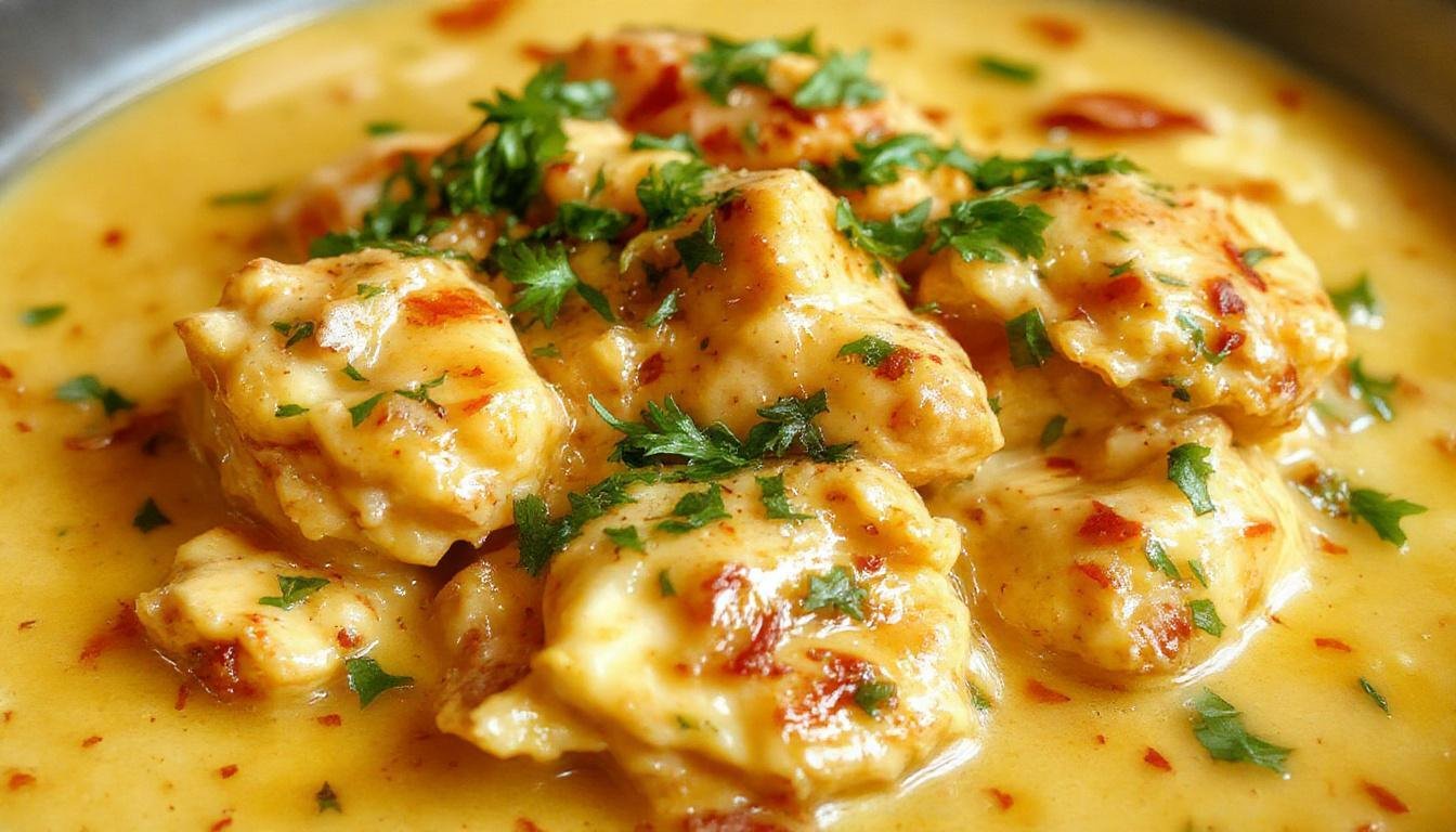 A close-up of a vibrant plate of rich and creamy butter chicken, featuring tender, sauced chicken pieces garnished with fresh herbs, served on a white porcelain plate with a side of fragrant basmati rice and a sprinkle of cilantro, creating an inviting and appetizing visual with warm, golden hues.