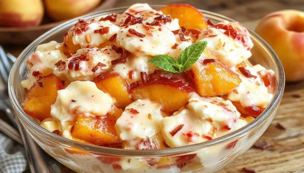 A vibrant, creamy peach salad presented in a clear glass bowl. Juicy peach slices are topped with whipped cream and garnished with mint leaves, showcasing a luscious yellow-orange color with a smooth, velvety texture contrast.