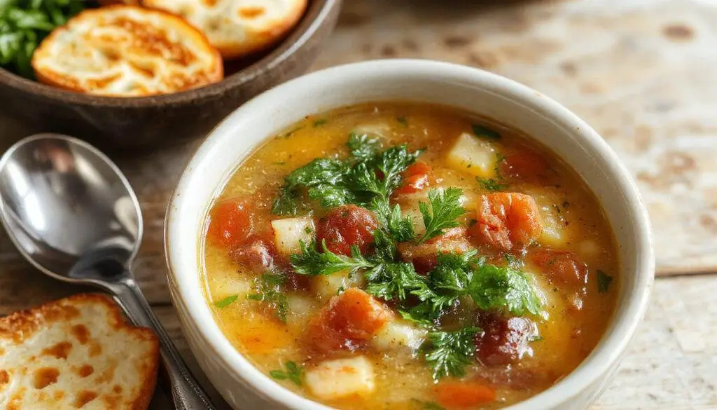 A steaming bowl of Italian Wedding Soup filled with small meatballs, tender greens, and tiny pasta, garnished with freshly grated Parmesan cheese on top. The vibrant green spinach contrasts with the golden-brown meatballs and the clear, flavorful broth, served in an elegant white bowl on a rustic wooden table.
