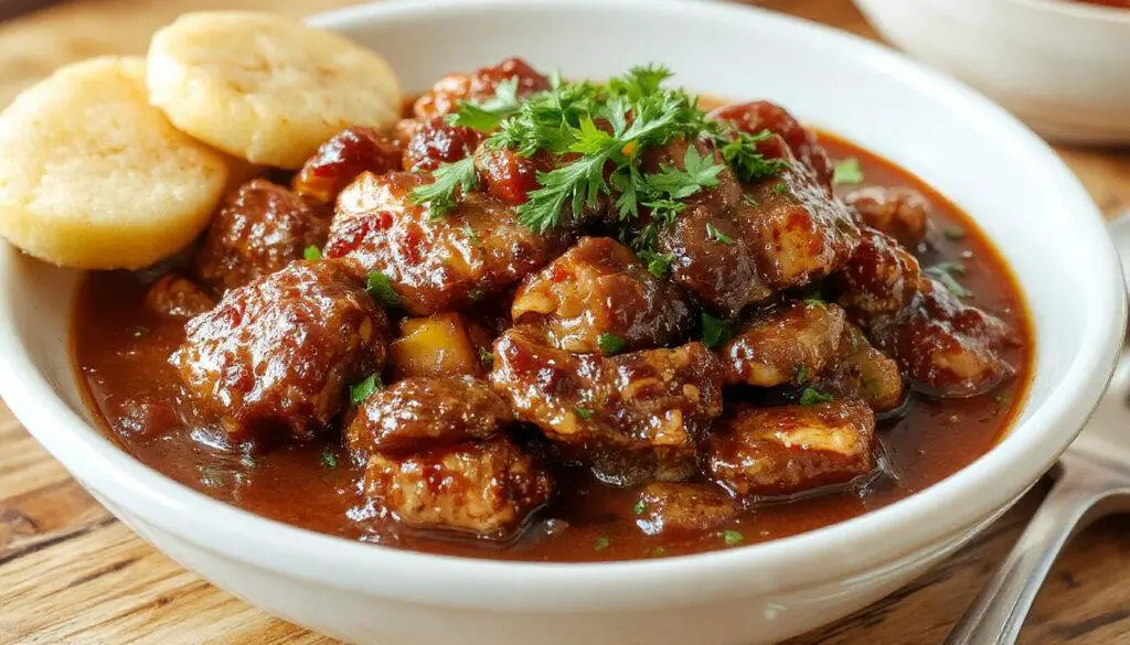 A close-up of a bowl of Jamaican Brown Stew Chicken featuring tender chicken pieces coated in a thick, rich, dark brown sauce with visible herbs and spices, garnished with green onions. The dish is served with a side of rice and peas, with a rustic wooden background and warm lighting highlighting the glossy sauce and flavorful ingredients.