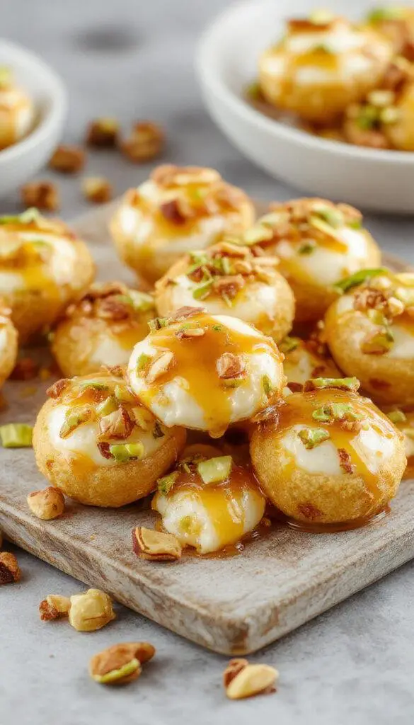 Close-up of bite-sized ricotta honey pistachio treats neatly arranged on a white plate. The bites are topped with chopped pistachios and drizzled with honey, showcasing a golden hue with hints of green from the pistachios and creamy white ricotta base. The textures look smooth and crumbly with a glossy honey glaze.