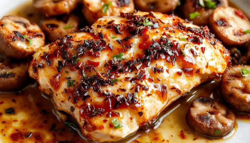 A close-up of a rustic white plate featuring tender black pepper chicken pieces glazed with a glossy sauce, garnished with sliced earthy mushrooms and fresh herbs. The dish is beautifully plated with a sprinkle of cracked black pepper on top, accompanied by a side of sautéed mushrooms, all set on a dark wooden table with natural lighting highlighting the textures and rich colors.