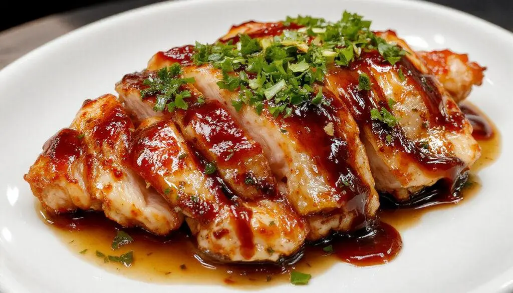 A close-up of slices of char siu chicken arranged on a white plate. The chicken has a glossy, reddish-brown glaze with caramelized edges. Garnished with sesame seeds and scallions, the slices showcase a tender, juicy interior. The vibrant color and shiny coating highlight the savory, roasted appearance.