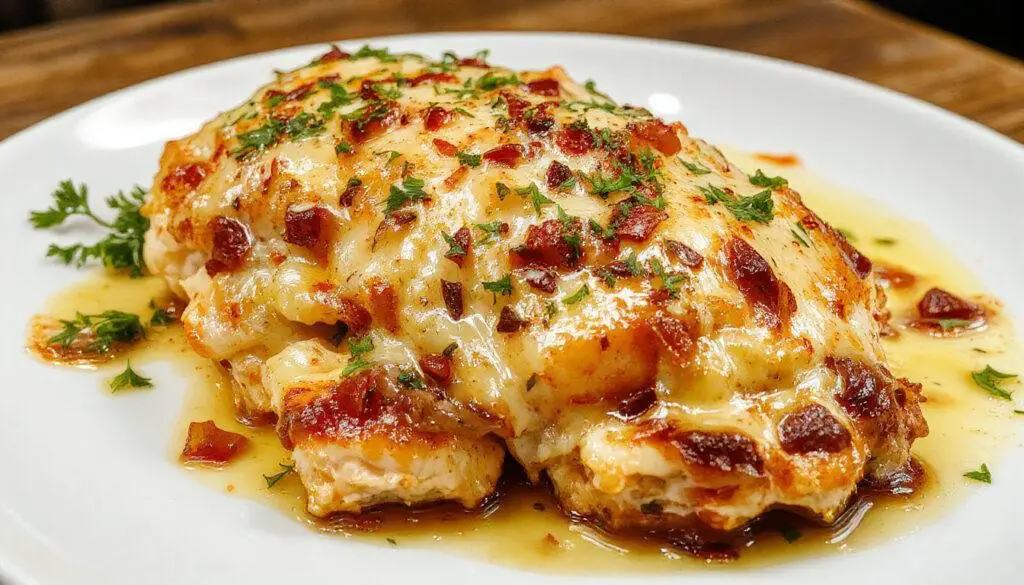 A close-up of a golden-brown baked chicken breast topped with melted cheese and caramelized onion slices, garnished with fresh herbs, served on a rustic ceramic plate with garnish and a side of roasted vegetables.
