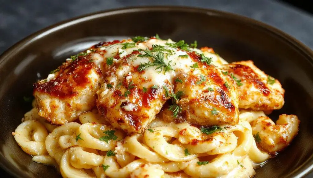 Plate of golden-brown garlic butter chicken bites garnished with fresh herbs, served alongside a creamy parmesan pasta with a rich, velvety sauce and grated cheese on top
