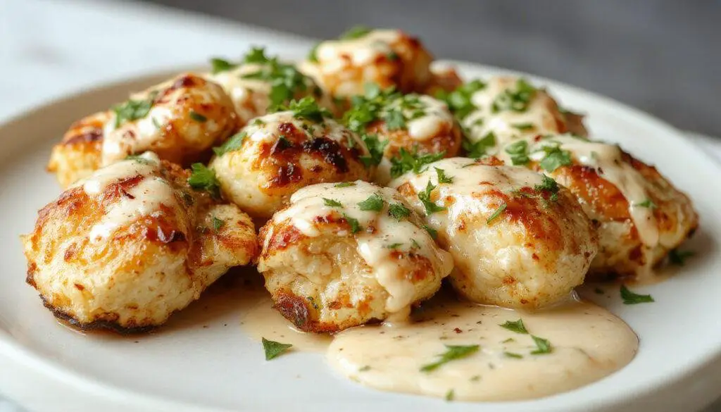 A close-up of golden grilled chicken bites arranged on a white ceramic platter, drizzled with a silky, pale creamy garlic sauce. The bites are garnished with fresh herbs and served alongside lemon wedges. The background features a rustic wooden table with a bowl of extra sauce and a sprig of parsley for garnish.