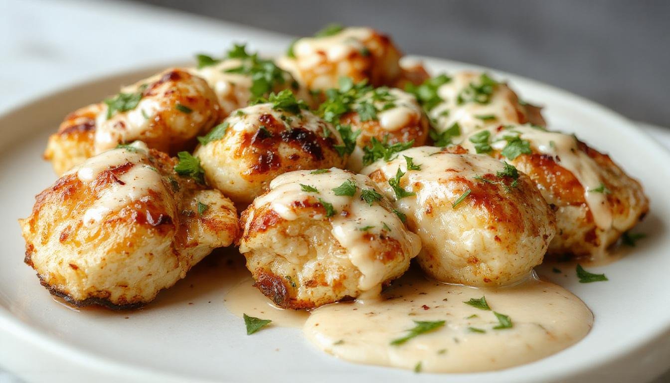 A close-up of golden grilled chicken bites arranged on a white ceramic platter, drizzled with a silky, pale creamy garlic sauce. The bites are garnished with fresh herbs and served alongside lemon wedges. The background features a rustic wooden table with a bowl of extra sauce and a sprig of parsley for garnish.