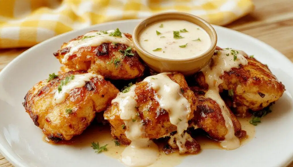 A close-up of golden-brown grilled chicken bites arranged on a rustic platter, drizzled with a rich smoky garlic cream sauce, garnished with chopped herbs and served alongside lemon wedges; the presentation emphasizes the crispy exterior and creamy sauce contrast.