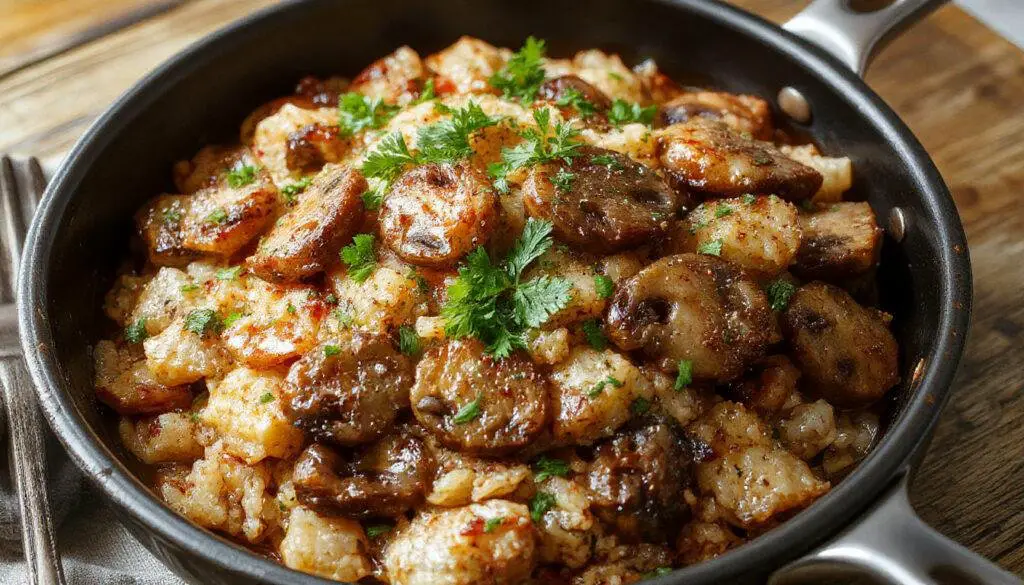 A steaming skillet filled with fluffy, golden-brown rice topped with sliced mushrooms, chopped herbs, and melted cheese, garnished with freshly chopped parsley, showcasing a rustic and inviting presentation.