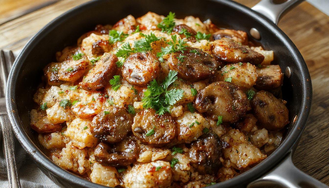 A steaming skillet filled with fluffy, golden-brown rice topped with sliced mushrooms, chopped herbs, and melted cheese, garnished with freshly chopped parsley, showcasing a rustic and inviting presentation.