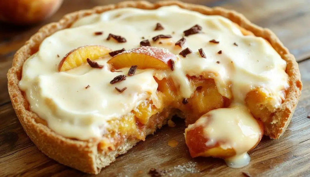 A close-up of a slice of peaches and cream pie on a white plate, showcasing a golden, flaky crust filled with smooth, creamy peach filling topped with fresh peach slices and a dusting of powdered sugar. The pie's filling appears luscious and velvety with a glossy finish, accented by a few sprigs of mint and a background of soft, pastel-colored tableware.