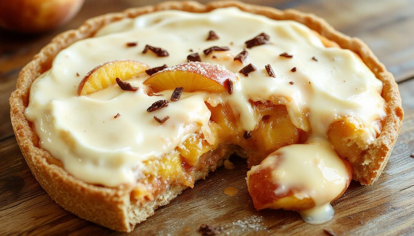 A close-up of a slice of peaches and cream pie on a white plate, showcasing a golden, flaky crust filled with smooth, creamy peach filling topped with fresh peach slices and a dusting of powdered sugar. The pie's filling appears luscious and velvety with a glossy finish, accented by a few sprigs of mint and a background of soft, pastel-colored tableware.