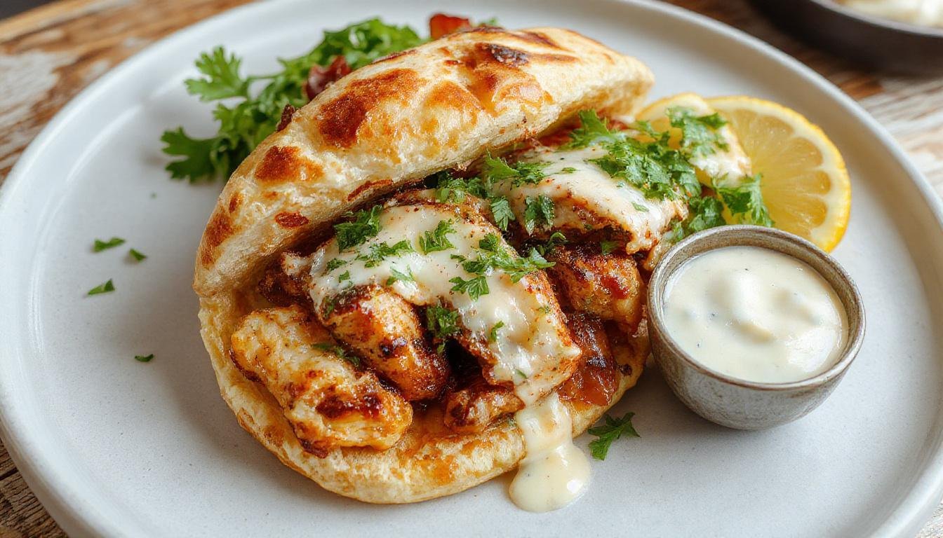 Golden-brown slices of Greek chicken gyros arranged on a white plate, topped with fresh chopped herbs and served with creamy homemade tzatziki, visible cucumber and dill. The dish is garnished with lemon wedges and accompanied by warm pita bread, all on a rustic wooden table with Mediterranean-style decor.