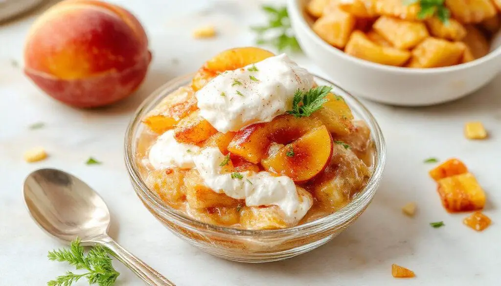 A vibrant bowl of peaches and cream dessert featuring sliced fresh peaches layered with creamy white filling, garnished with mint leaves and a drizzle of honey, presented in a clear glass dish on a rustic wooden table with a hint of whipped cream around the edges.