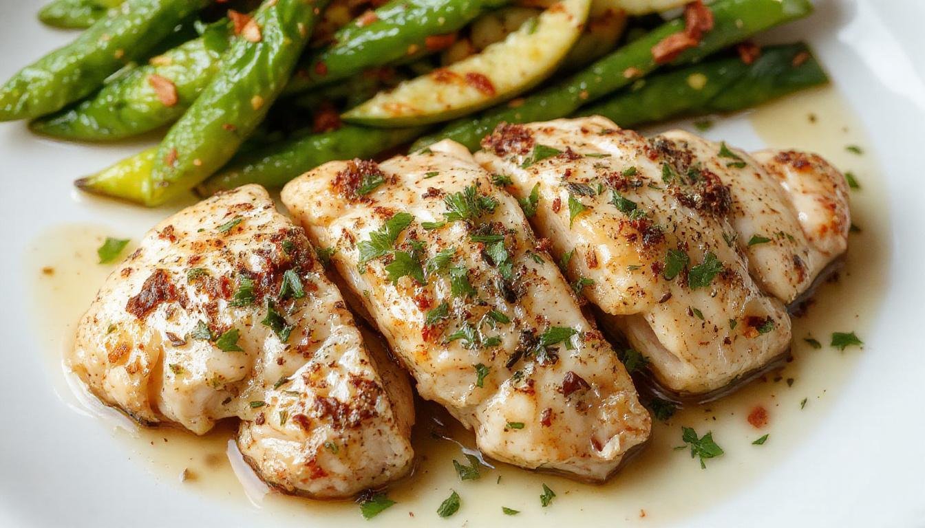A close-up of a roasted Za'atar Lemon Chicken platter, showcasing golden-brown crispy skin, sprinkled with vibrant green za'atar herbs and lemon wedges arranged artfully around the chicken.