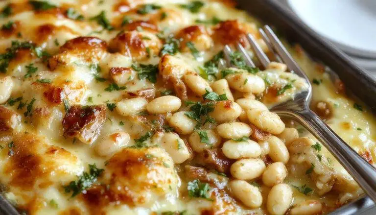 A close-up of a baked casserole in a rustic dish, topped with melted golden cheese and vibrant green basil pesto swirls. The dish reveals creamy white beans nestled in a rich, herbaceous pesto sauce, with a sprinkle of fresh herbs around the edges. The surface is slightly bubbling, with crispy edges that contrast with the tender interior, garnished with fresh basil leaves on top.