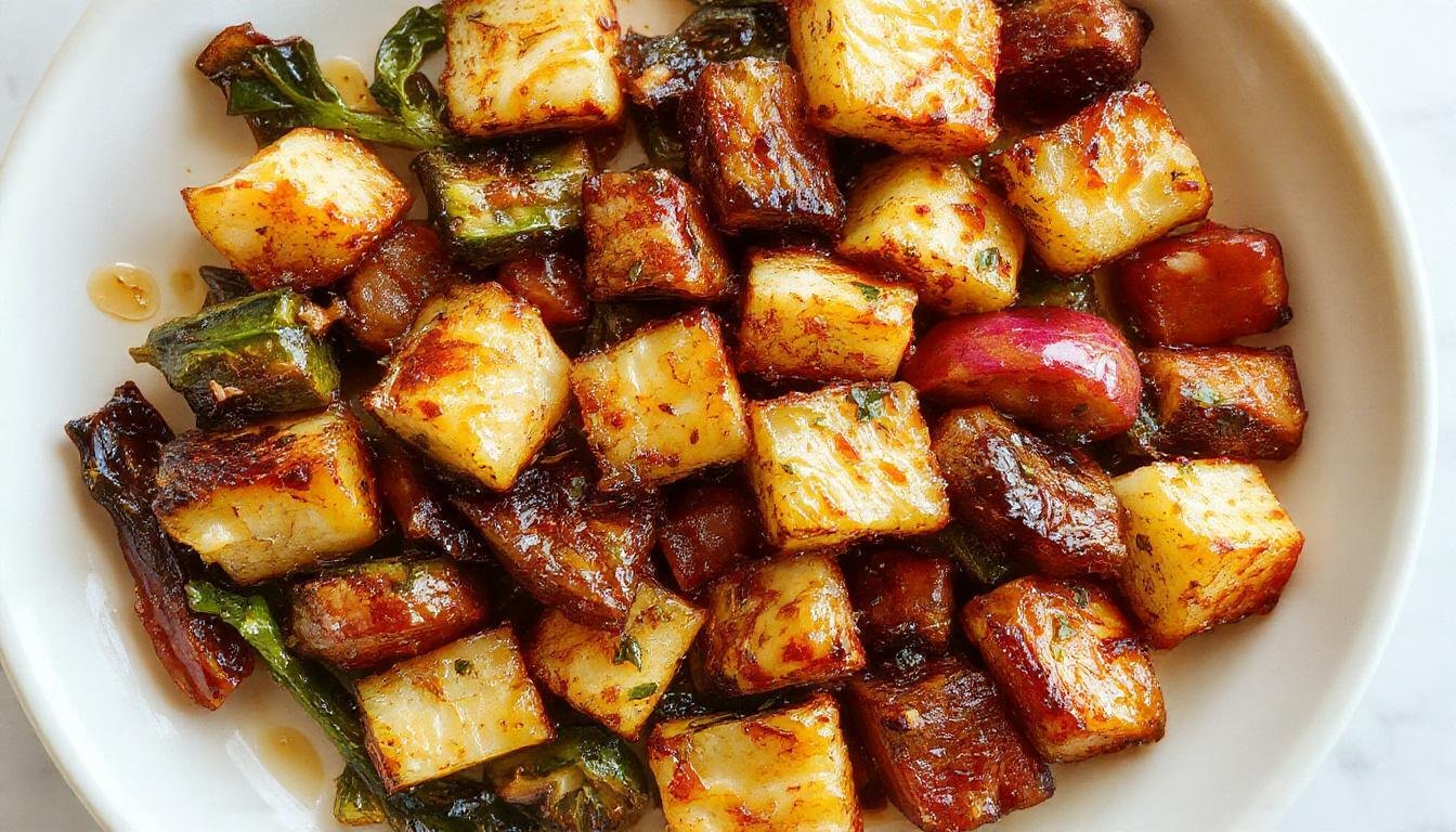 A vibrant plate of roasted vegetables featuring golden-brown zucchini, bright orange carrots, and tender bell peppers, all drizzled with shimmering garlic-infused oil, garnished with fresh herbs.