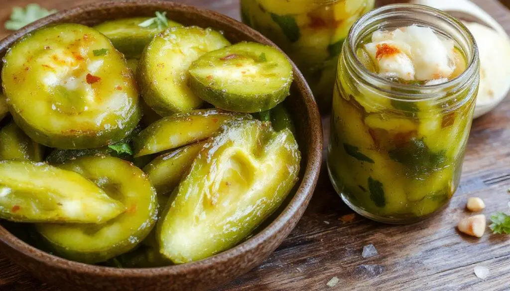 A cluster of vibrant green pickles infused with red habanero slices and garlic cloves, arranged in a rustic glass jar with visible spices and herbs, the pickles glistening with brine and highlighting their crunchy texture.