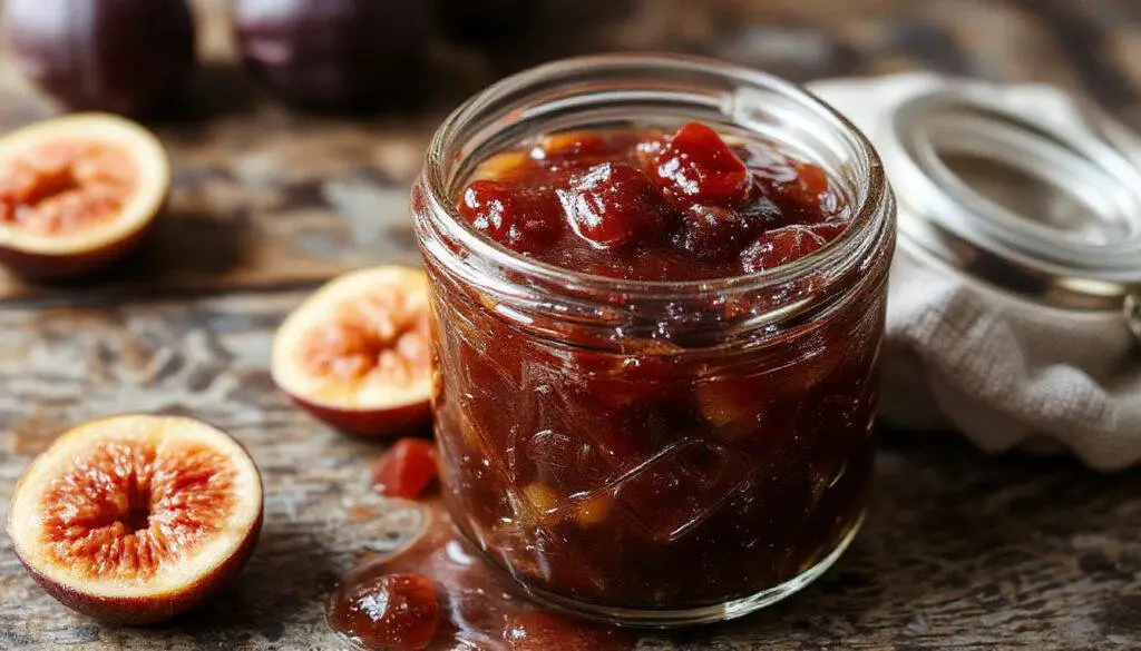 A glass jar filled with golden-brown fig jam surrounded by fresh figs, slices of lemon, and a drizzle of honey. The jam has a chunky texture with visible fig seeds and pieces, presented on a rustic wooden surface with a spoon resting beside it.