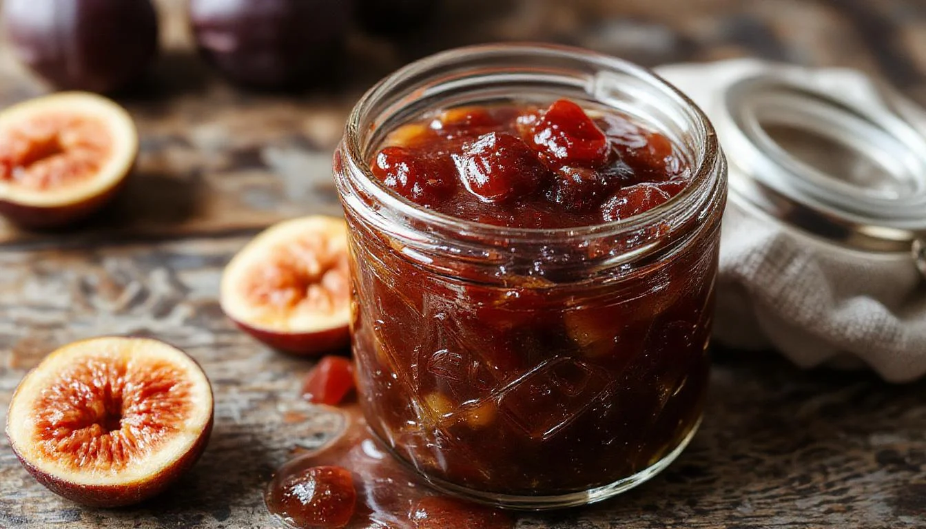 A glass jar filled with golden-brown fig jam surrounded by fresh figs, slices of lemon, and a drizzle of honey. The jam has a chunky texture with visible fig seeds and pieces, presented on a rustic wooden surface with a spoon resting beside it.