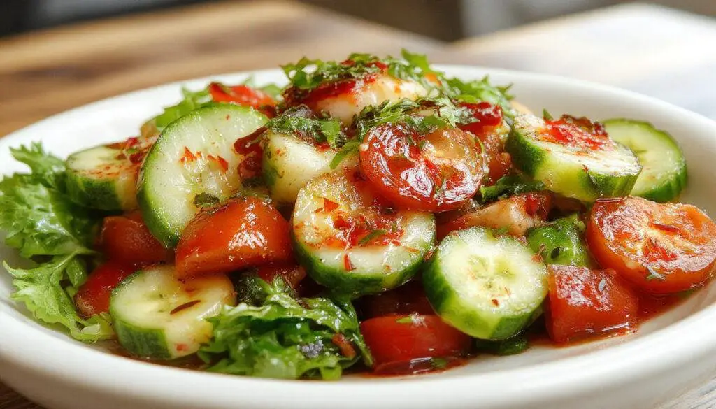 A vibrant bowl of tomato and cucumber salad with bright red cherry tomatoes, crisp green cucumber slices, garnished with fresh herbs and a drizzle of dressing, presented on a rustic wooden table.