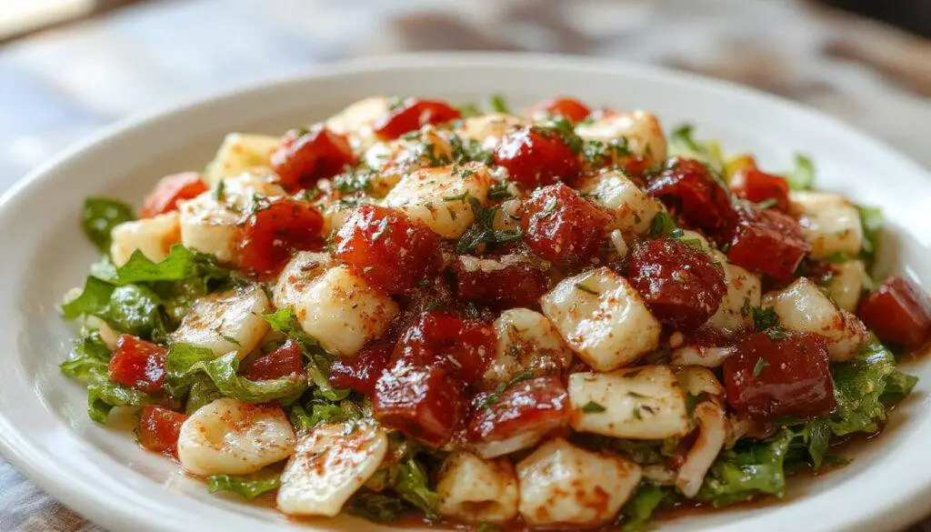 A vibrant bowl of bruschetta pasta salad featuring spiral pasta coated in a vivid tomato and basil mixture, topped with crumbled cheese and fresh herbs. The dish is presented in a rustic white bowl against a warm wooden table, with colorful cherry tomatoes and basil leaves scattered around, highlighting its fresh and summery appeal.