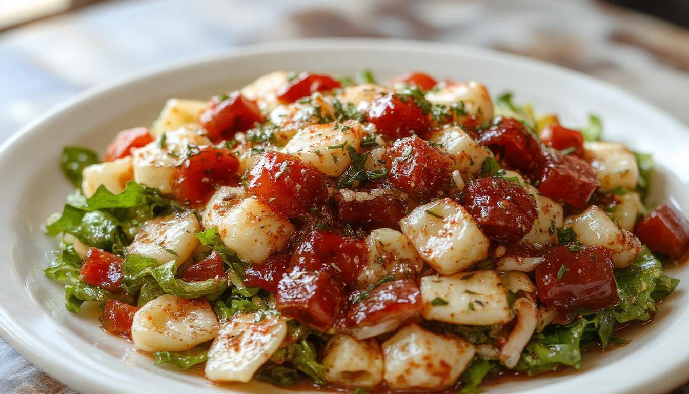 A vibrant bowl of bruschetta pasta salad featuring spiral pasta coated in a vivid tomato and basil mixture, topped with crumbled cheese and fresh herbs. The dish is presented in a rustic white bowl against a warm wooden table, with colorful cherry tomatoes and basil leaves scattered around, highlighting its fresh and summery appeal.