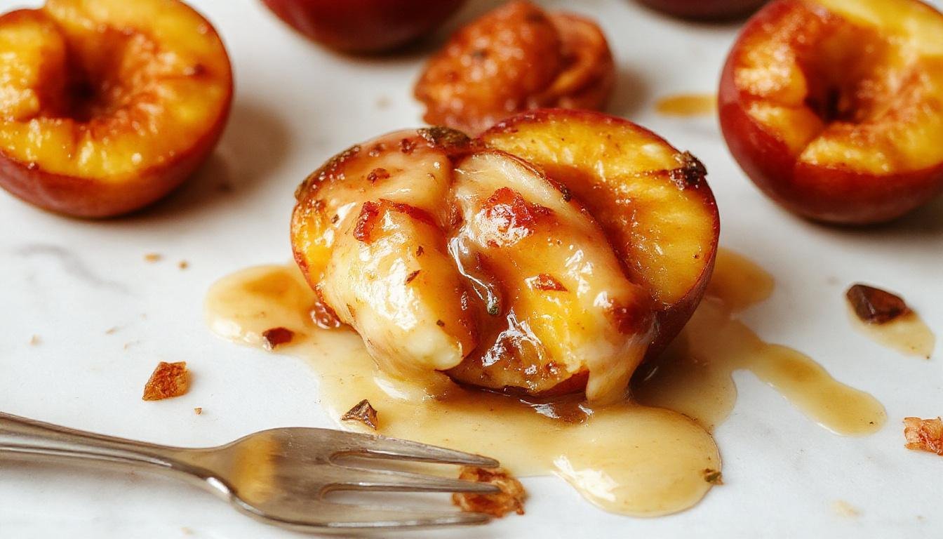 A vibrant image of sliced honey roasted peaches arranged on a white plate, glistening with honey glaze, topped with a sprig of fresh mint, showcasing warm golden-brown edges and juicy texture