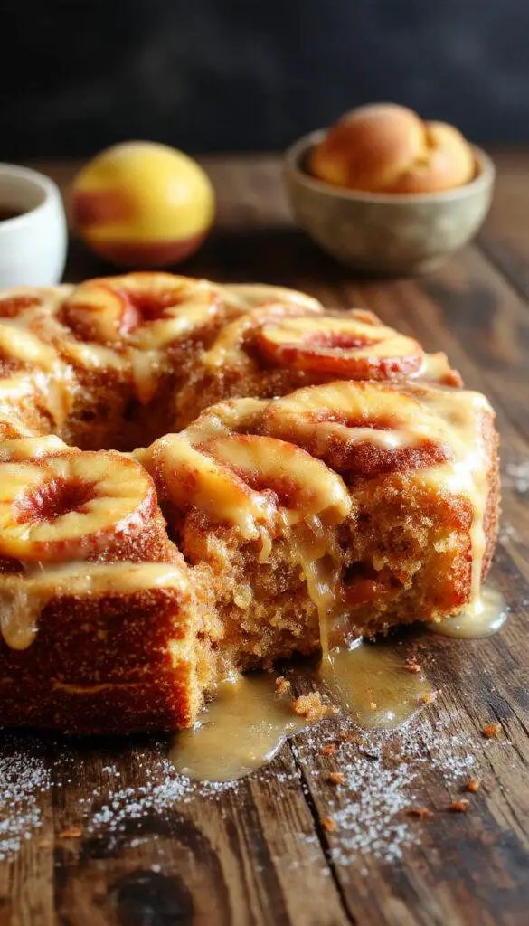 A slice of Simply Incredible Brown Sugar Peach Cake showcasing layers of moist peach and brown sugar sponge topped with caramelized peaches and whipped cream.