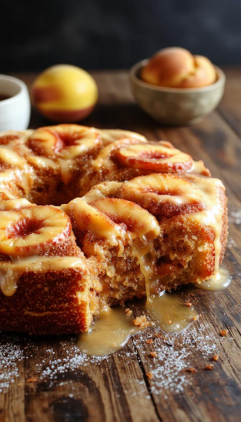 A slice of Simply Incredible Brown Sugar Peach Cake showcasing layers of moist peach and brown sugar sponge topped with caramelized peaches and whipped cream.