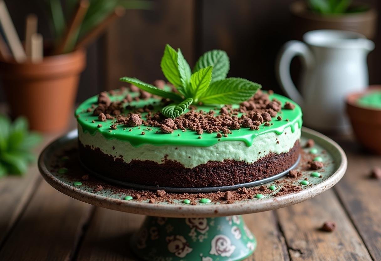 Finished Slytherin Determined Mint Chocolate Cheesecake with chocolate shavings and mint decoration, ready to serve.