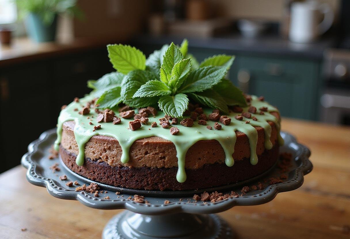 Finished Slytherin Determined Mint Chocolate Cheesecake with chocolate shavings and mint decoration, ready to serve.